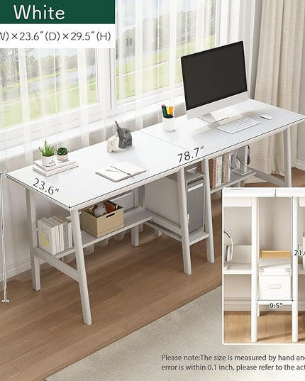 2-Person Writing Desk with Bookshelf - 79" Wooden Extra Long Home Office Work Table, Double Study Computer Workstation with Storage Shelves in White, 79" W x 24" D - LeafyLoom