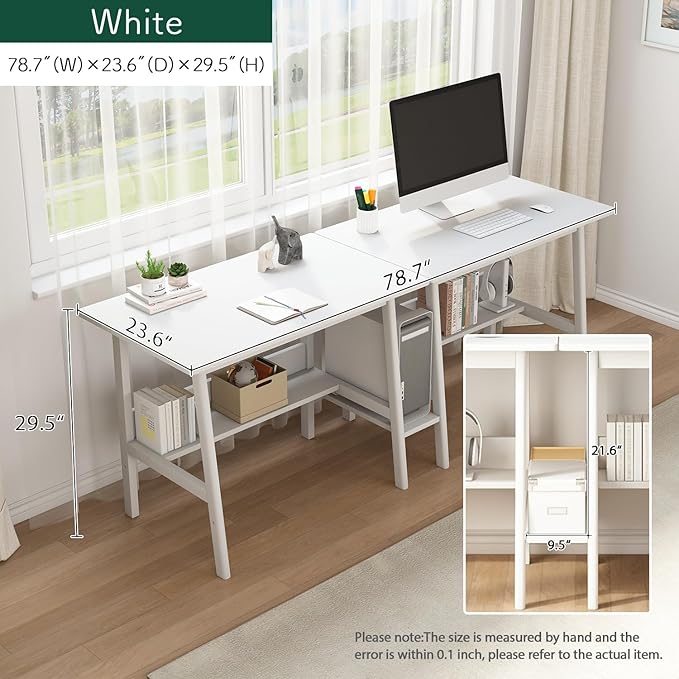 2-Person Writing Desk with Bookshelf - 79" Wooden Extra Long Home Office Work Table, Double Study Computer Workstation with Storage Shelves in White, 79" W x 24" D - LeafyLoom