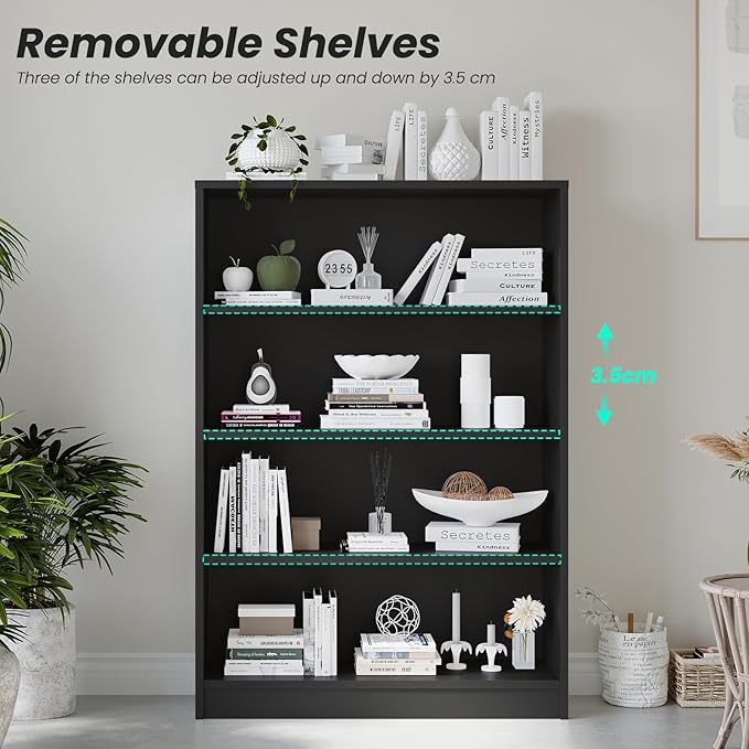 Farini 4 Shelf boockase Display Bookcase Freestanding Wooden Bookshelves for Home Office Living Room,48 Inch Height,Black - LeafyLoom