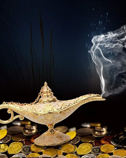 Classic Aladding Magic Genie Lamp Legend Wishing Light Costume Lamp Metal Carved Cone Incense Burner for Home Tabletop Decoration Party Birthday Halloween Christmas(Beige) - LeafyLoom