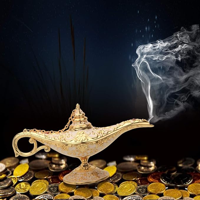 Classic Aladding Magic Genie Lamp Legend Wishing Light Costume Lamp Metal Carved Cone Incense Burner for Home Tabletop Decoration Party Birthday Halloween Christmas(Beige) - LeafyLoom