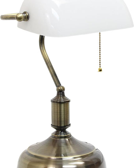 Simple Designs LT3216-WHT Executive Banker's Desk Lamp with Glass Shade, White, Antique Nickel/White, 10 x 8.66 x 14.75 - LeafyLoom
