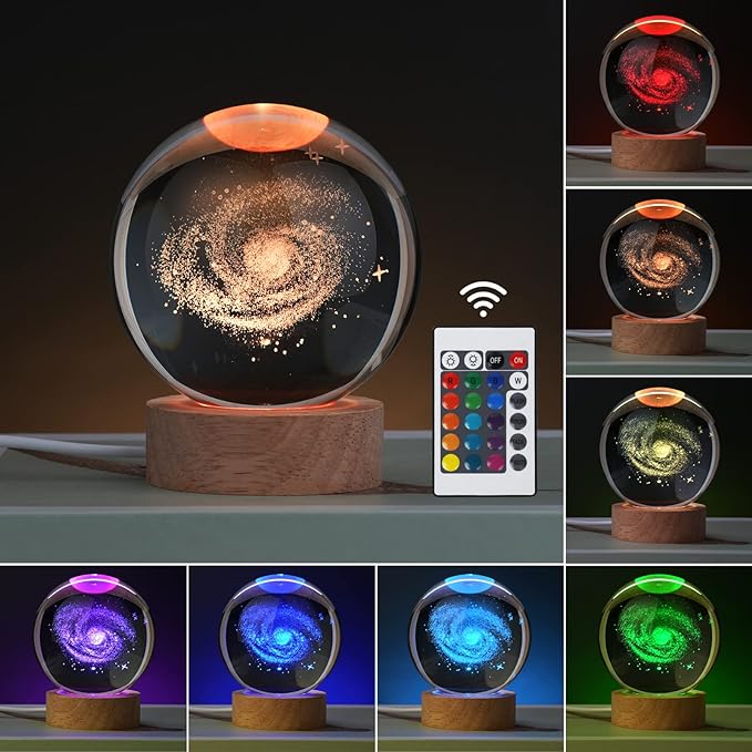 Large 3D Galaxy Crystal Ball Night Light, Crystal Lamp 16 Color Changing with Remote Control for Bedroom Decor, Birthday Gift for Teens Boys and Girls, Galaxy Model - LeafyLoom