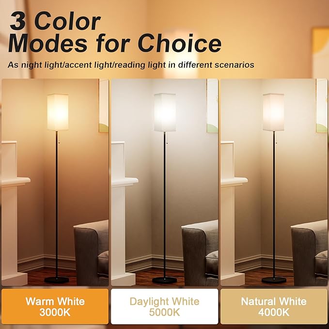 Floor Lamps for Living Room Bedroom - 3 Color Temperature Silver Floor Lamp Set of 2, Modern Standing Lamps with Pull Chain Switch Beige Shade, Tall Lamp for Corner Office(2 Pack) - LeafyLoom