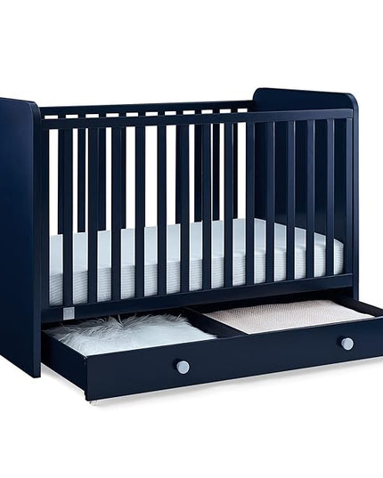 Delta Children babyGap Graham 4-in-1 Convertible Crib with Storage Drawer + Brannan Bear Bookcase with Bins + Brannan Bear Wall Shelf with 4 Hooks, Navy/Light Blue (Bundle) - LeafyLoom