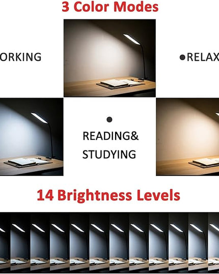 TOPESEL 5W 48 LEDs Dimmable Clip-on Led Desk Lamp, Eye-Care Flexible Gooseneck USB Clamp Reading Lamp, 3 Color Temperature, 14 Brightness Levels Table Lamp, Black - LeafyLoom