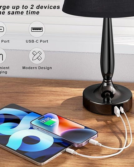 Kakanuo Touch Bedside Lamp for Bedroom with USB C Port, Small Touch Table Lamp with 2 USB Charging Ports, 3 Way Dimmable Nightstand Lamp for Living Room and Office - Black (LED Bulb Included) - LeafyLoom