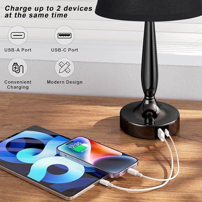 Kakanuo Touch Bedside Lamp for Bedroom with USB C Port, Small Touch Table Lamp with 2 USB Charging Ports, 3 Way Dimmable Nightstand Lamp for Living Room and Office - Black (LED Bulb Included) - LeafyLoom