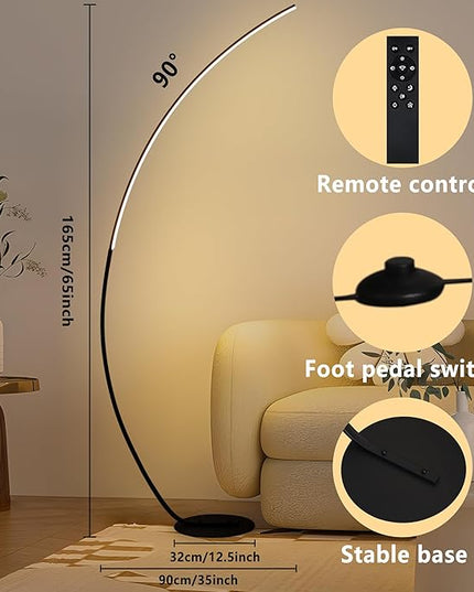 Arc Floor Lamp 65" Modern Standing Lamp with Remote, Black LED Arch Lamps for Living Room Bedroom Office, 3 Color Temperature & Stepless Dimmable Arched Reading Lamp - LeafyLoom