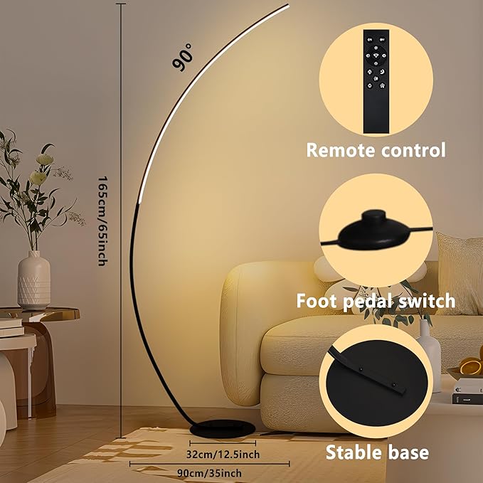 Arc Floor Lamp 65" Modern Standing Lamp with Remote, Black LED Arch Lamps for Living Room Bedroom Office, 3 Color Temperature & Stepless Dimmable Arched Reading Lamp - LeafyLoom