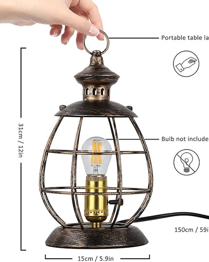 Industrial Metal Lantern Table Lamp - 12.2''H Gold Cage Lampshade Searchlight Standing Lighting Fixtures - Nautical Spotlight Reading Desk Light Decoration for Living Room Bedroom Farmhouse - LeafyLoom