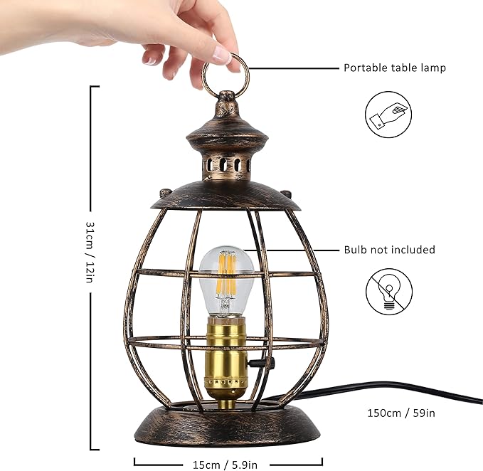 Industrial Metal Lantern Table Lamp - 12.2''H Gold Cage Lampshade Searchlight Standing Lighting Fixtures - Nautical Spotlight Reading Desk Light Decoration for Living Room Bedroom Farmhouse - LeafyLoom