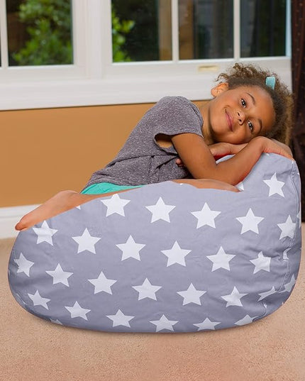 Posh Creations Bean Bag Chair for Kids, Teens, and Adults Includes Removable and Machine Washable Cover, Canvas White Stars on Gray, 27in - Medium - LeafyLoom