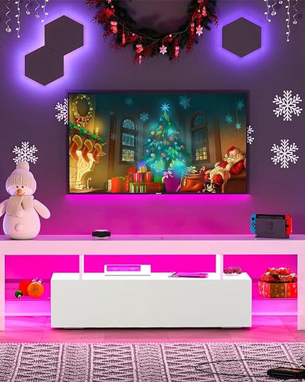 LED TV Stand for Televisions up to 55 inches, Entertainment Center and Media Console with Storage Drawers and Glass Shelves for Living Room, Bedroom - LeafyLoom