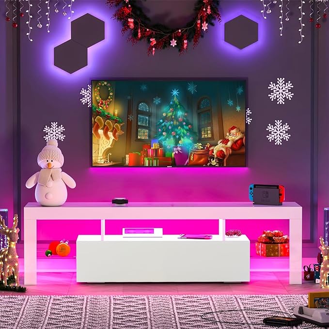 LED TV Stand for Televisions up to 55 inches, Entertainment Center and Media Console with Storage Drawers and Glass Shelves for Living Room, Bedroom - LeafyLoom