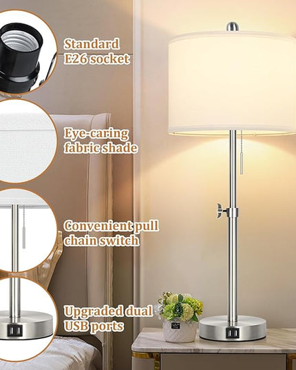 Table Lamp Set of 2 for Bedroom, Bedside Lamp with 2 USB Ports, 23" to 30" Height Adjustable Tall Table Lamp for Living Room End Tables, Modern Silver Nightstand Lamp with Pull Chain - LeafyLoom