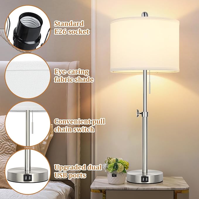 Table Lamp Set of 2 for Bedroom, Bedside Lamp with 2 USB Ports, 23" to 30" Height Adjustable Tall Table Lamp for Living Room End Tables, Modern Silver Nightstand Lamp with Pull Chain - LeafyLoom