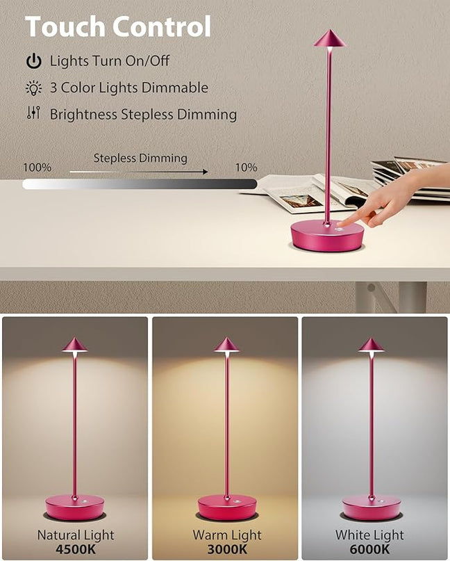 Cordless Table Lamps Rechargeable, 6000mAh Battery Operated LED Desk Lamp Outdoor Waterproof Portable Touch Dimmable Table Night Light for Patio Restaurant Dining Home Set of 2 Red - LeafyLoom