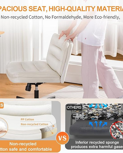 COMHOMA Criss Cross Chair with Wheels, Armless Wide Cross Legged Office Chair Mid Back, Modern Home Office Desk Chair Swivel Adjustable Vanity Computer Chair, Beige Velvet - LeafyLoom