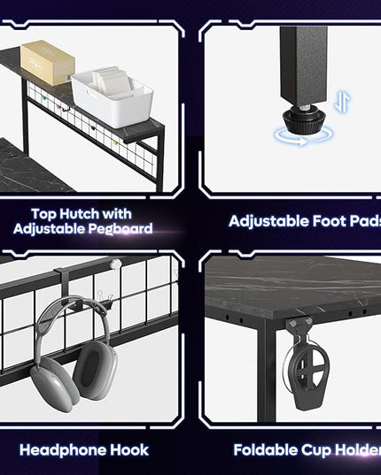 Bestier Gaming Desk with Power Outlets,42 Computer Desk with LED Lights, Reversible Corner Desk with 4-Tier Shelves,Cup Holder & Hook for Home Office,Black Marble - LeafyLoom