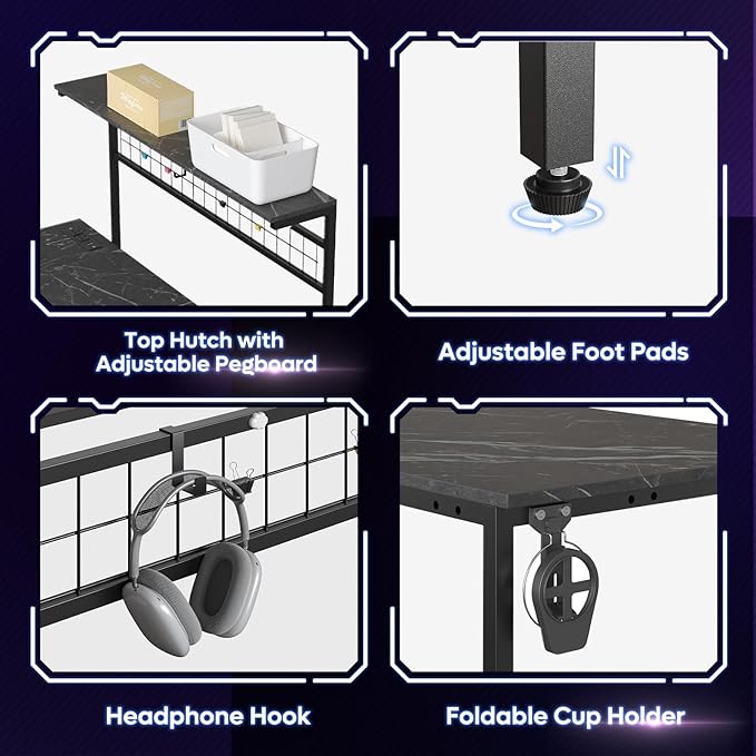 Bestier Gaming Desk with Power Outlets,42 Computer Desk with LED Lights, Reversible Corner Desk with 4-Tier Shelves,Cup Holder & Hook for Home Office,Black Marble - LeafyLoom