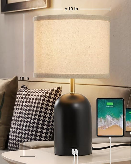 Touch Control Table Lamps Set of 2, Modern Bedside Lamp with 2 USB Ports, 3-Way Dimmable Gold and Black Nightstand Lamp with Fabric Shade for Living Room Bedroom Office Dorm(LED Bulbs Included) - LeafyLoom