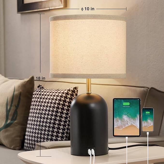 Touch Control Table Lamps Set of 2, Modern Bedside Lamp with 2 USB Ports, 3-Way Dimmable Gold and Black Nightstand Lamp with Fabric Shade for Living Room Bedroom Office Dorm(LED Bulbs Included) - LeafyLoom