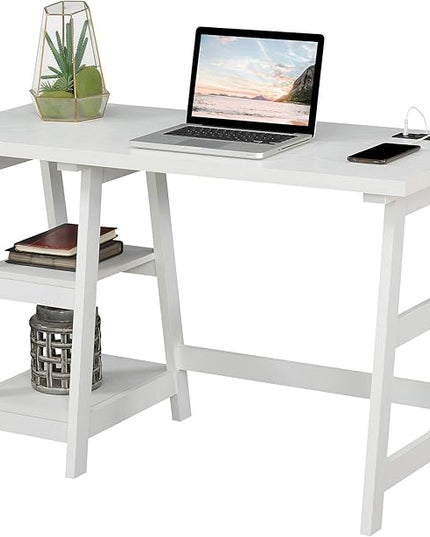 Convenience Concepts Designs2Go Trestle Desk with Charging Station and Shelves, White - LeafyLoom
