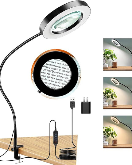 HITTI 10X Large Lens Magnifying Glass with Light and Clamp, 3 Color Modes Stepless Dimmable Lighted Magnifying Lamp, Flexible Gooseneck LED Magnifier with Light for Craft Hobby Painting Close Work - LeafyLoom