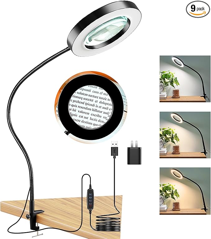 HITTI 12X Large Lens Magnifying Glass with Light, 3 Color Modes Stepless Dimmable Lighted Magnifying Lamp and Clamp, Flexible Gooseneck LED Magnifier Light Stand for Craft Hobby Painting Repairs - LeafyLoom