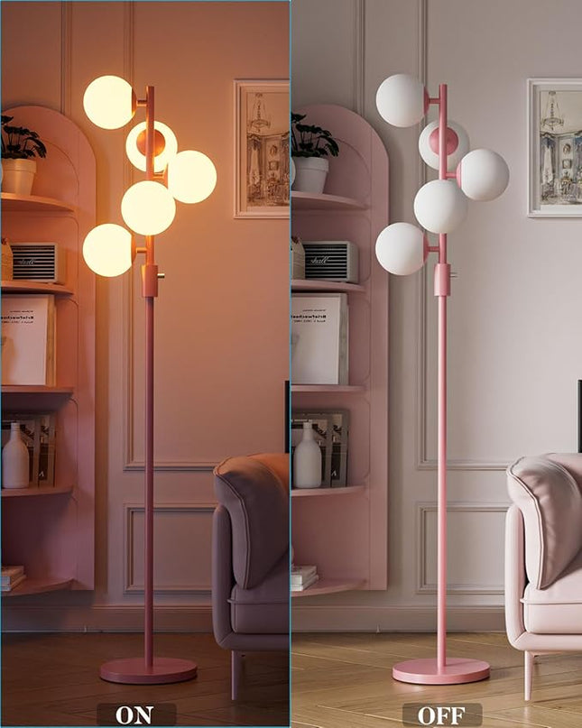 Lightdot Dimmable (Brightness Adjustable) Globe Floor Lamp, Pink Pole Standing Lamps with 5PCS 3000K G9 Bulbs, Mid Century Modern Floor Lamp for Living Room - LeafyLoom