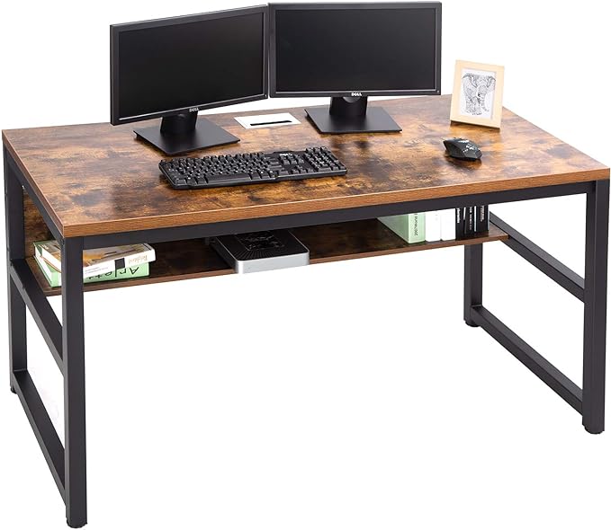 TOPSKY Computer Desk with Bookshelf/Metal Hole Cable Cover 1.18" Thick Desk (55", Rustic Brown) - LeafyLoom