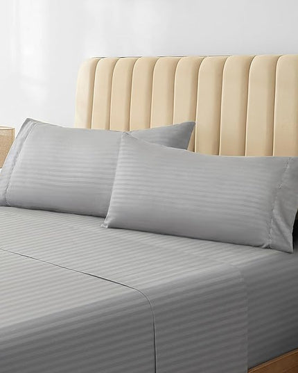 LuxClub Striped Sheets, 4 PC Striped Bed Sheets Twin Size for-Boys-and-Girls-Deep Pockets 18" Eco Friendly Wrinkle Free-Kids-Fitted Sheets Machine Washable Hotel Bedding (Twin, Light Grey) - LeafyLoom