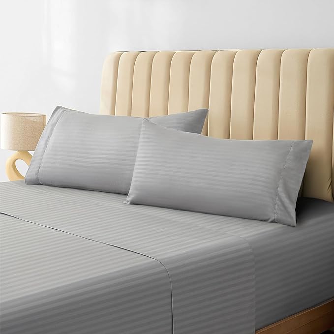 LuxClub Striped Sheets, 4 PC Striped Bed Sheets Twin Size, Deep Pockets 18" Eco Friendly Wrinkle Free-Kids-Fitted Sheets Machine Washable Hotel Bedding (Twin XL, Light Grey) - LeafyLoom