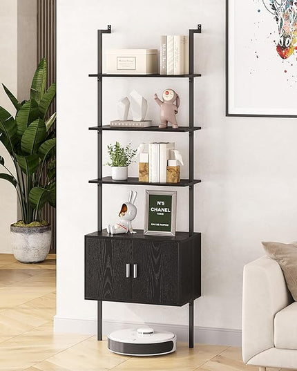 Gadroad Ladder Bookshef with Cabinet, Wall Mounted Bookcases, 5 Tier Tall Open Display Rack, 73" Metal Industrial Bookshelf, Storage Shelves for Livingroom, Home Office, Black - LeafyLoom