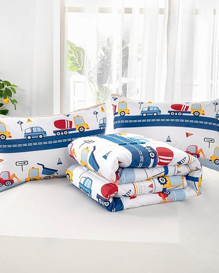 Cartoon Car Kids Comforter Set Twin,Construction Bedding Set Equipment Trucks Comforter Excavator Tractor Quilt Set with 1 Comforter 2 Pillowcases for Boys Girls Teens Adults Bedroom Decor(Blue Red) - LeafyLoom