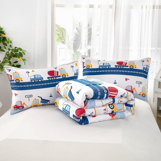 Axolotl Cartoon Cars Comforter Set Queen,Vehicle Bedding Set,Kids Excavator Comforter Set,Construction Bedding Equipment Trucks Comforter Sets for Kids Boys Girls Teens,1 Quilt 2 Pillowcases,Blue Red - LeafyLoom