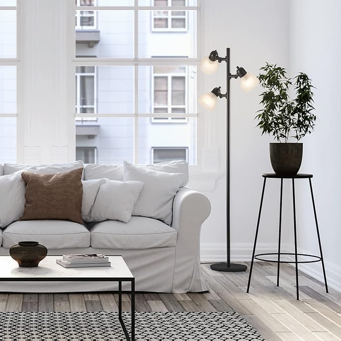 Globe Electric 12719 Life 63" 3-Light Floor Lamp, Matte Plastic, LED Bulbs Included, Black with Frosted Shade - LeafyLoom