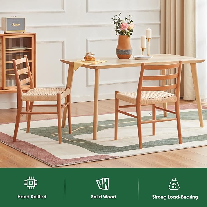 STARY Wood Rattan Dining Room Chairs Comfortable Woven Seat, Fully Assembled, Nature - Set of 2 - LeafyLoom