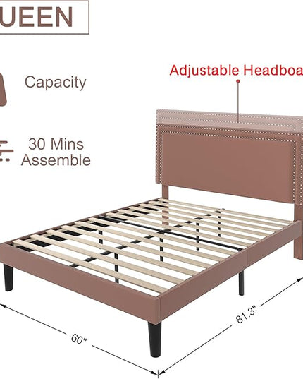 VECELO Queen Size Platform Bed Frame with Adjustable Upholstered Headboard, Modern Mattress Foundation,Strong Wood Slat Support, No Box Spring Needed, Easy Assembly - LeafyLoom