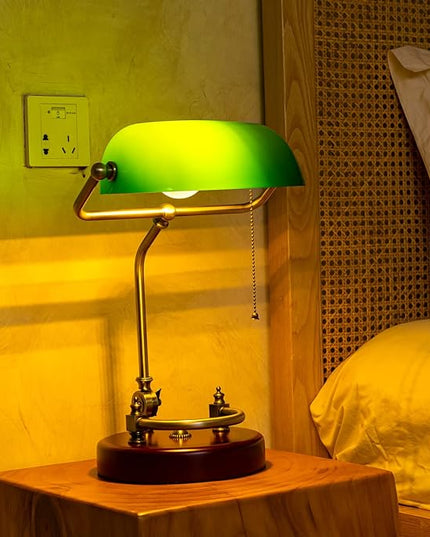 Green Bankers Desk lamp for Home Office Vintage Desk Retro lamp Workplace Lighting Piano Light Bedside lamp Pull Rope Switch，Glass lampshade，UL Certified lamp Holder, Wire - LeafyLoom