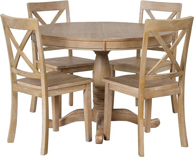 NicBex Round Dining Table Set for 4 Kitchen & Dining Room Tables Modern Dining Table Set for 4, Round Table and 4 Kitchen Room Chairs for Dining Room, Dinette, Breakfast Nook, Natural Wood Wash - LeafyLoom