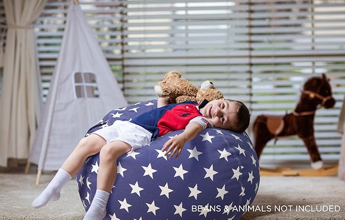 Aubliss Stuffed Animal Storage Bean Bag Chair Cover (No Beans)，Stuff and Sit Storage Bean Bag for Kids Toy Storage, Medium 32"-Canvas Stars Royal Blue - LeafyLoom