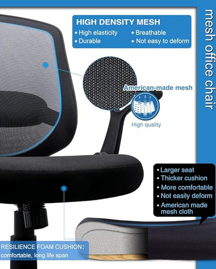 KOLLIEE Mid Back Mesh Office Chair Ergonomic Swivel Black Desk Office Chair Flip Up Armrests with Lumbar Support Adjustable Height Computer Task Chairs - LeafyLoom