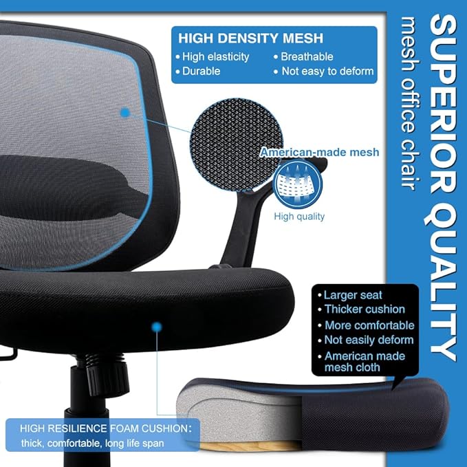 KOLLIEE Mid Back Mesh Office Chair Ergonomic Swivel Black Desk Office Chair Flip Up Armrests with Lumbar Support Adjustable Height Computer Task Chairs - LeafyLoom