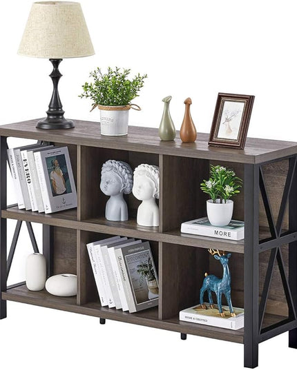 FATORRI Rustic 6 Cube Storage Organizer with Shelf, Wood and Metal Cubby Bookcase, Industrial Horizontal Bookshelf (Walnut Brown, 47 Inch) - LeafyLoom