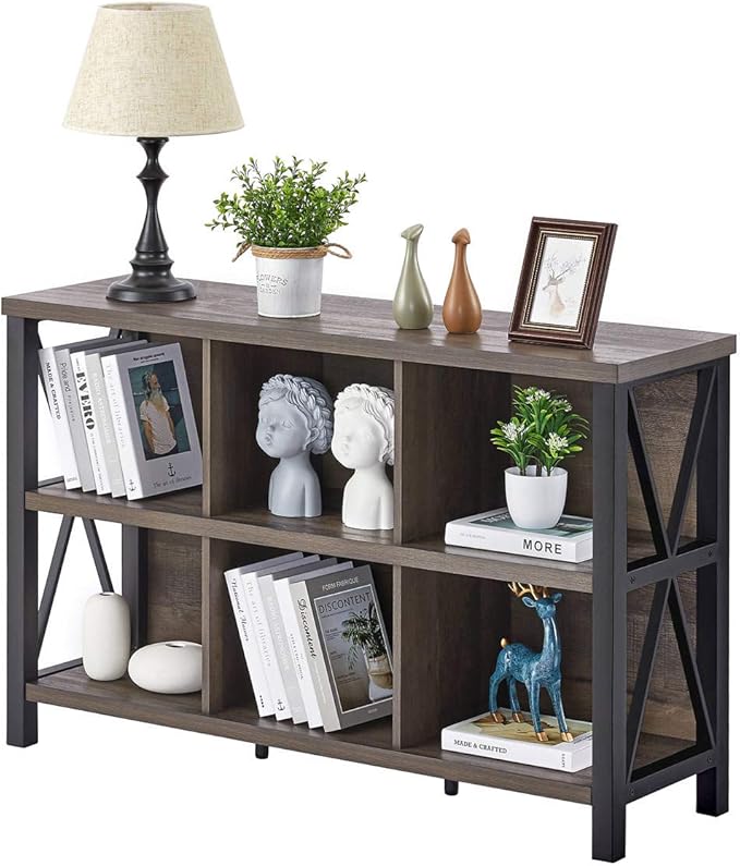 FATORRI Rustic 6 Cube Storage Organizer with Shelf, Wood and Metal Cubby Bookcase, Industrial Horizontal Bookshelf (Walnut Brown, 47 Inch) - LeafyLoom