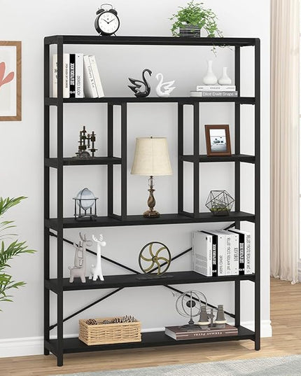 LVB 6 Tier Tall Black Bookshelf, Modern Large Wide Book Rack Storage, Industrial Wood Metal Etagere 6 Shelf Bookcase, Farmhouse Open Display Book Shelf Organizer for Bedroom Living Room Office, Black - LeafyLoom