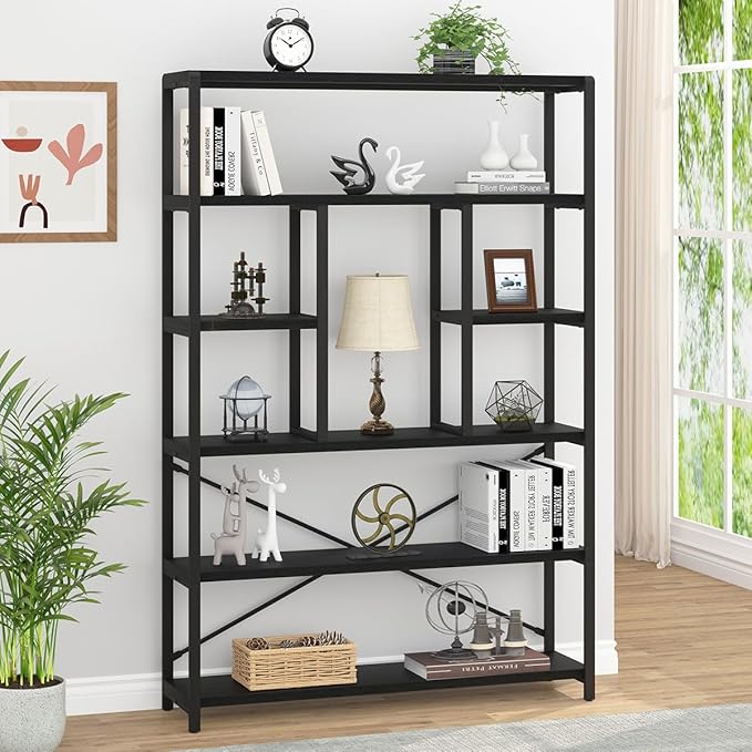 LVB 6 Tier Tall Black Bookshelf, Modern Large Wide Book Rack Storage, Industrial Wood Metal Etagere 6 Shelf Bookcase, Farmhouse Open Display Book Shelf Organizer for Bedroom Living Room Office, Black - LeafyLoom