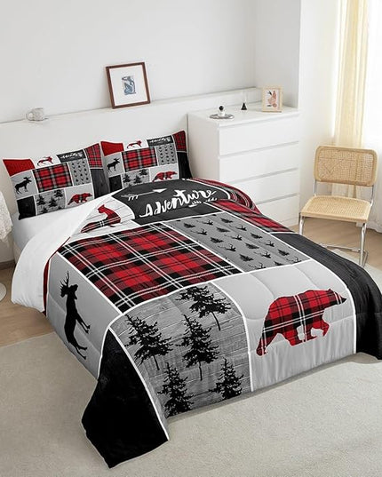 Deer Antlers Bear Kids Comforter Set Full Size,Plaids Boho Arrows Patchwork Bedding Set for Boys Girls Adults Room Decor,Rustic Adventure Xmas Down Comforter,Red Retro Duvet Insert,2 Pillowcases - LeafyLoom
